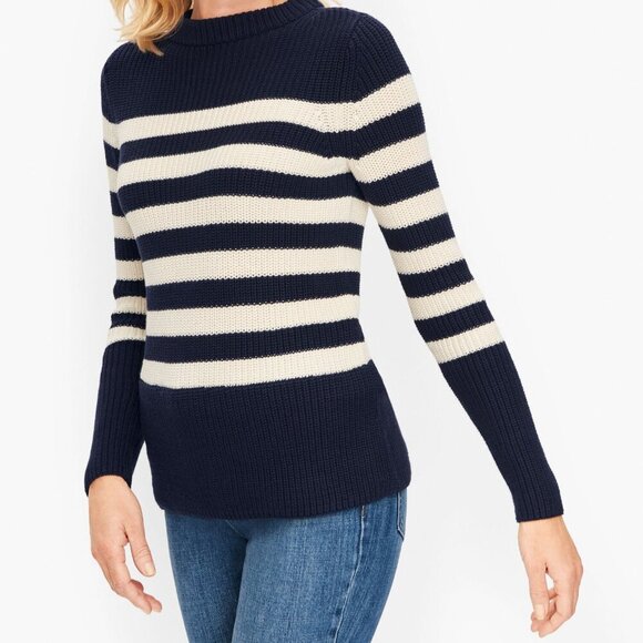 NWT Talbots Shaker Stitch Sweater Navy Blue Striped Cotton Tunic Sweater M - Picture 1 of 6
